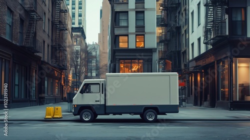 Delivery truck parked on a narrow street in manhattan with fire escapes