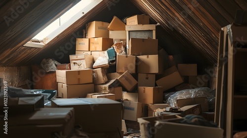 Piles of Cardboard Boxes and Cluttered Junk in Dusty Attic