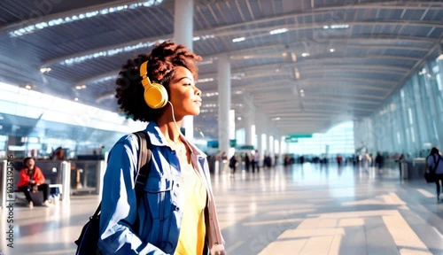 African American young woman is walking in a modern airport passenger building, anime style, she is listening music with a yellow headphone
