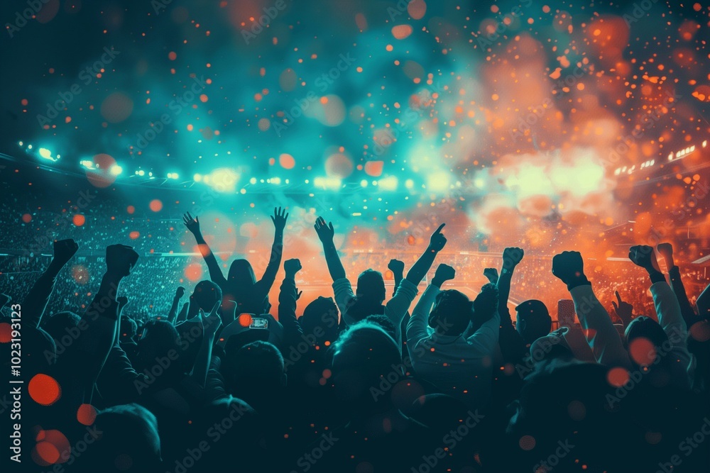 Supporters raise their hands and cheer loudly for their team amid vibrant lights and an electrifying atmosphere during the match