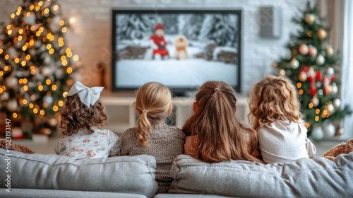 Four children sitting on a couch in a living room watching a christmas movie on tv, with two christmas trees in the background