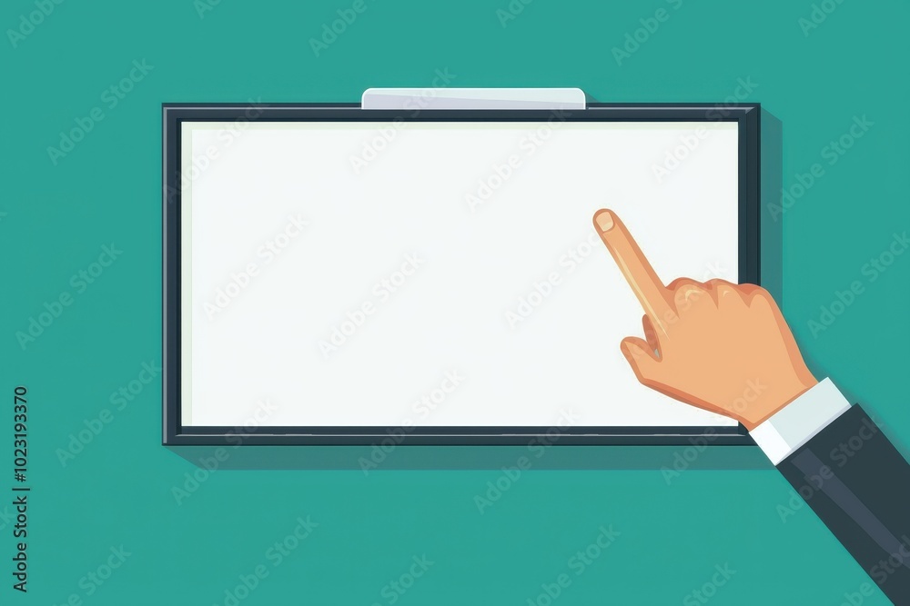 A hand pointing at a blank whiteboard on a teal background, suitable for presentations, ideas, or educational content. A hand pointing at a blank whiteboard on a teal background, suitable for presentations, ideas, or educational content.