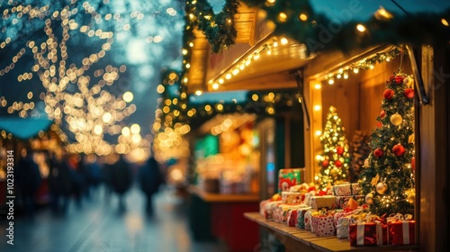 Christmas market stall with decorated trees and gifts, AI generated