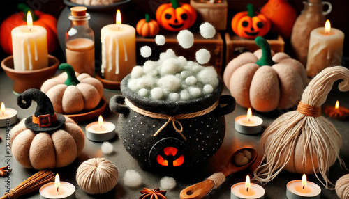 A wide Halloween scene featuring a cauldron made of soft felt material. The felt cauldron is bubbling with a whimsical, handcrafted appearance, surrou. photo