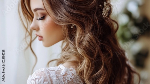 Close-up on the loose, wavy hairstyle of a beautiful bride, with soft curls cascading down her back, giving a romantic and relaxed vibe for her wedding day.