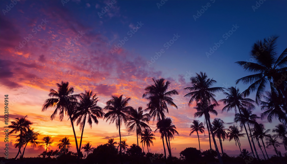 Silhouette of coconut palm trees near beach at sunset. Silhouette of coconut palm trees near beach at sunset.
