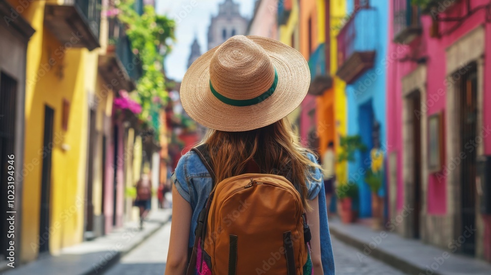 A young woman tourist with a backpack walking on a street in Mexico City, Mexico, wearing a traditional sombrero, surrounded by colorful architecture. Travel and summer vacation concept. Rearview. A young woman tourist with a backpack walking on a street in Mexico City, Mexico, wearing a traditional sombrero, surrounded by colorful architecture. Travel and summer vacation concept. Rearview.