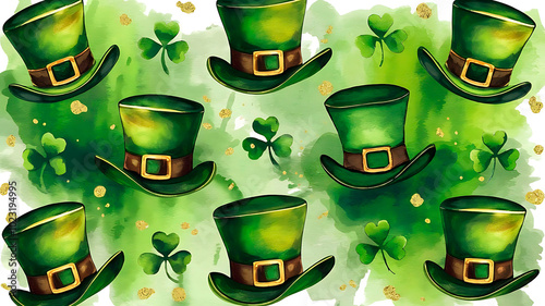 Cheerful background featuring green hats and shamrocks on a bright green watercolor backdrop