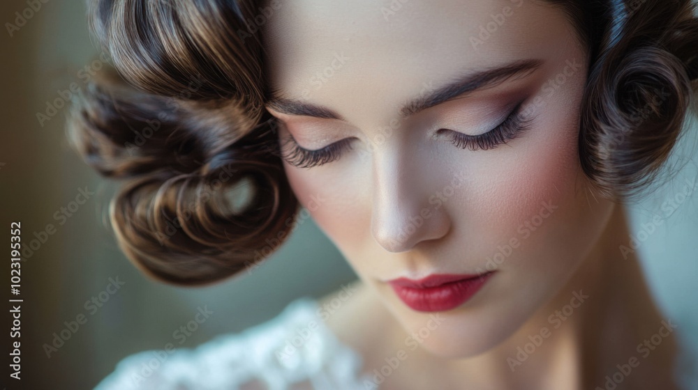 Fototapeta premium Close-up on the vintage-inspired finger waves of a beautiful bride, giving a glamorous, retro feel to her hairstyle, perfect for a classic wedding theme.