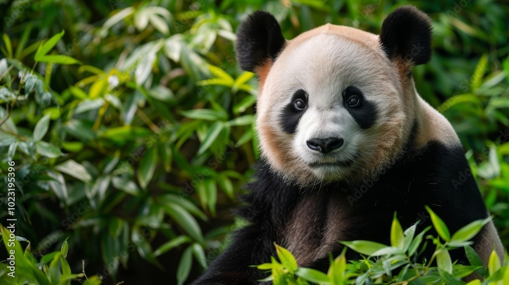Close-up of a giant panda in a lush bamboo forest. Close-up of a giant panda in a lush bamboo forest.