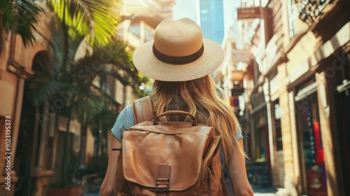 A young woman tourist with a backpack wandering through the streets of Sydney, Australia, wearing an Akubra hat, soaking in the coastal city vibe. Travel and summer vacation concept. Rearview.