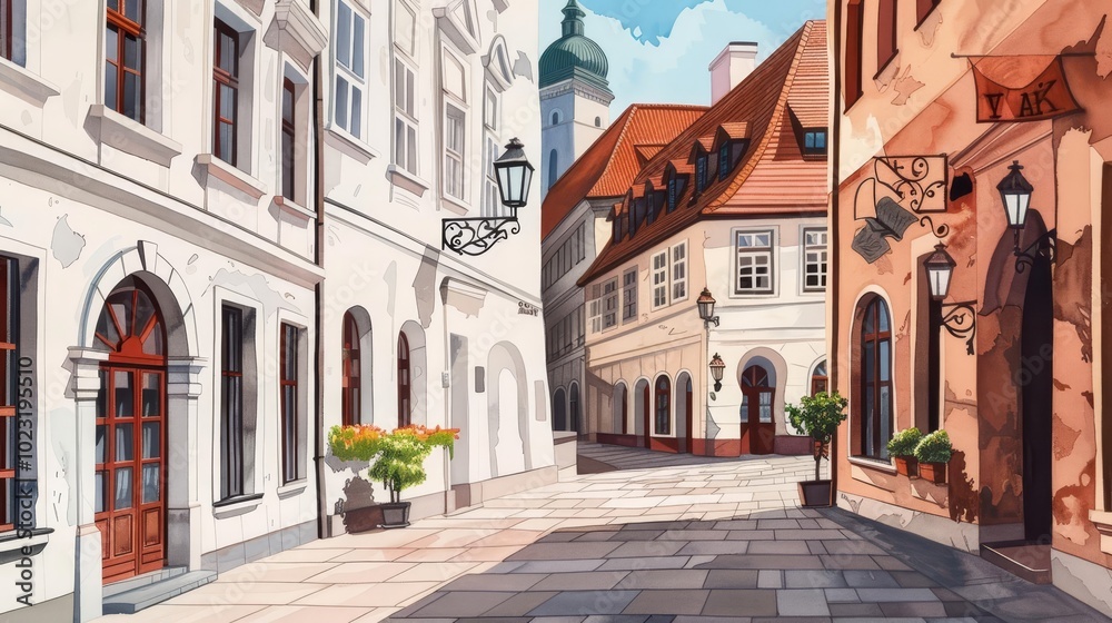 Fototapeta premium Charming cobblestone street in a European city with old buildings and sunny day.