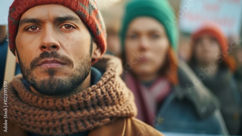 Close-up portrait of a young man with a serious expression at a protest.