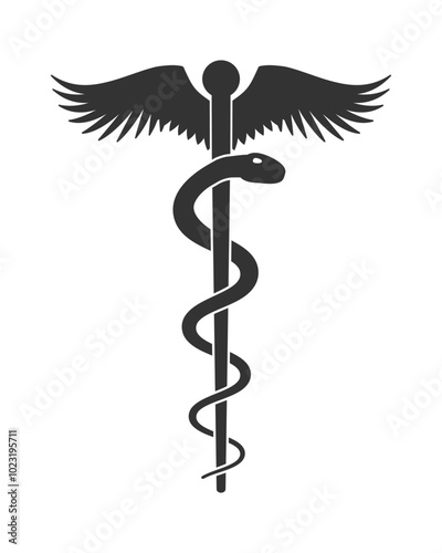 Staff of asclepius symbol. Caduceus sign. Snake around pole medical logo. Vector illustration image.
