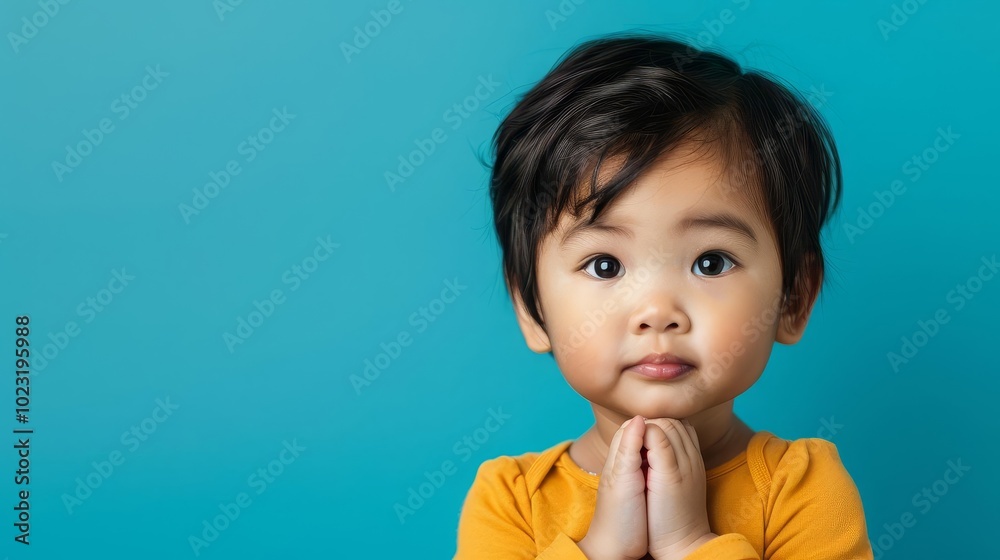 Adorable baby girl with curious expression against a blue background. Adorable baby girl with curious expression against a blue background.