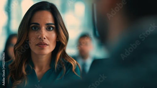 Wallpaper Mural Woman attentively listening to a colleague during a business meeting. Torontodigital.ca