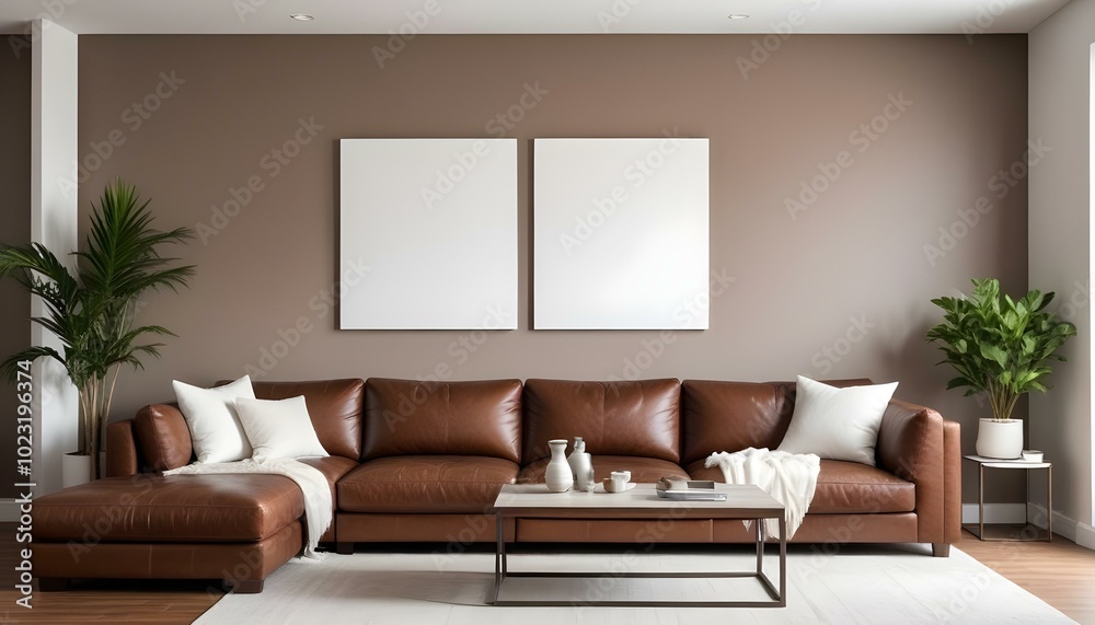 A modern living room with a large brown leather sofa, white throw pillows, and two Blank Canvas on the wall. A modern living room with a large brown leather sofa, white throw pillows, and two Blank Canvas on the wall.