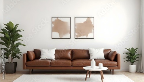 A modern living room with a large brown leather sofa, white throw pillows, and two Blank Canvas on the wall.