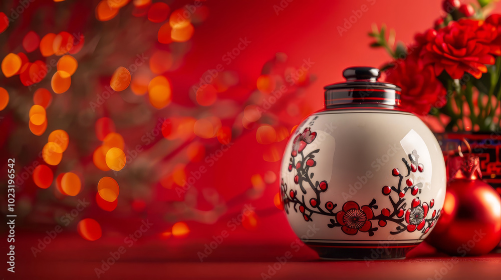 Chinese New Year celebration with traditional decorations, red lanterns, and a decorative jar. Chinese New Year celebration with traditional decorations, red lanterns, and a decorative jar.
