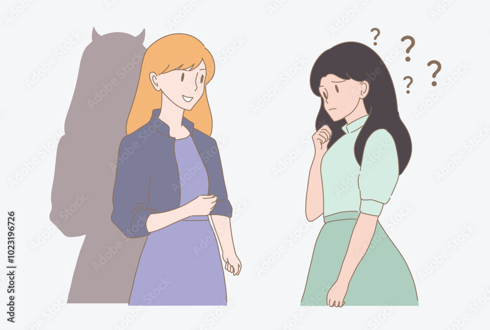 Businesswoman with bad thoughts , devil horns shadow behind talking with doubt woman. Deal with the devil. Hand drawn flat cartoon character vector illustration. Businesswoman with bad thoughts , devil horns shadow behind talking with doubt woman. Deal with the devil. Hand drawn flat cartoon character vector illustration.