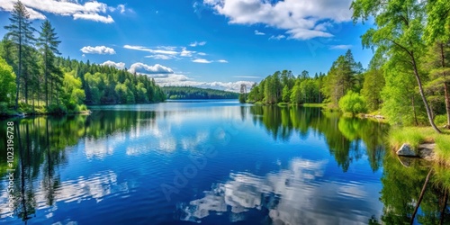 Tranquil view of the Finja Lake in Sweden with lush greenery and clear blue waters, Finja Lake, Sweden, nature
