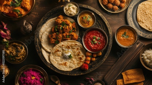 Traditional Rajasthani Thali with Spicy Curries and Bread photo