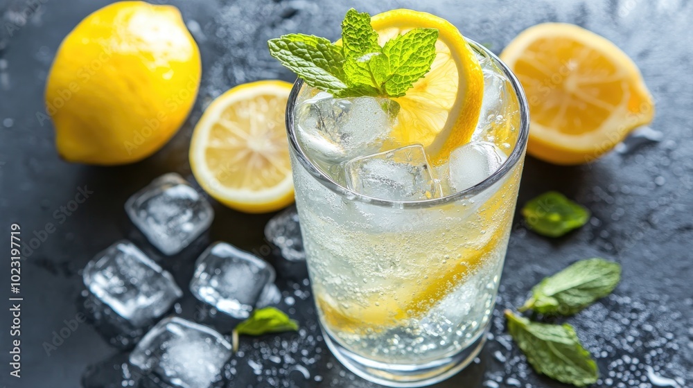 Refreshing Lemon Soda with Ice Cubes in a Glass Refreshing Lemon Soda with Ice Cubes in a Glass