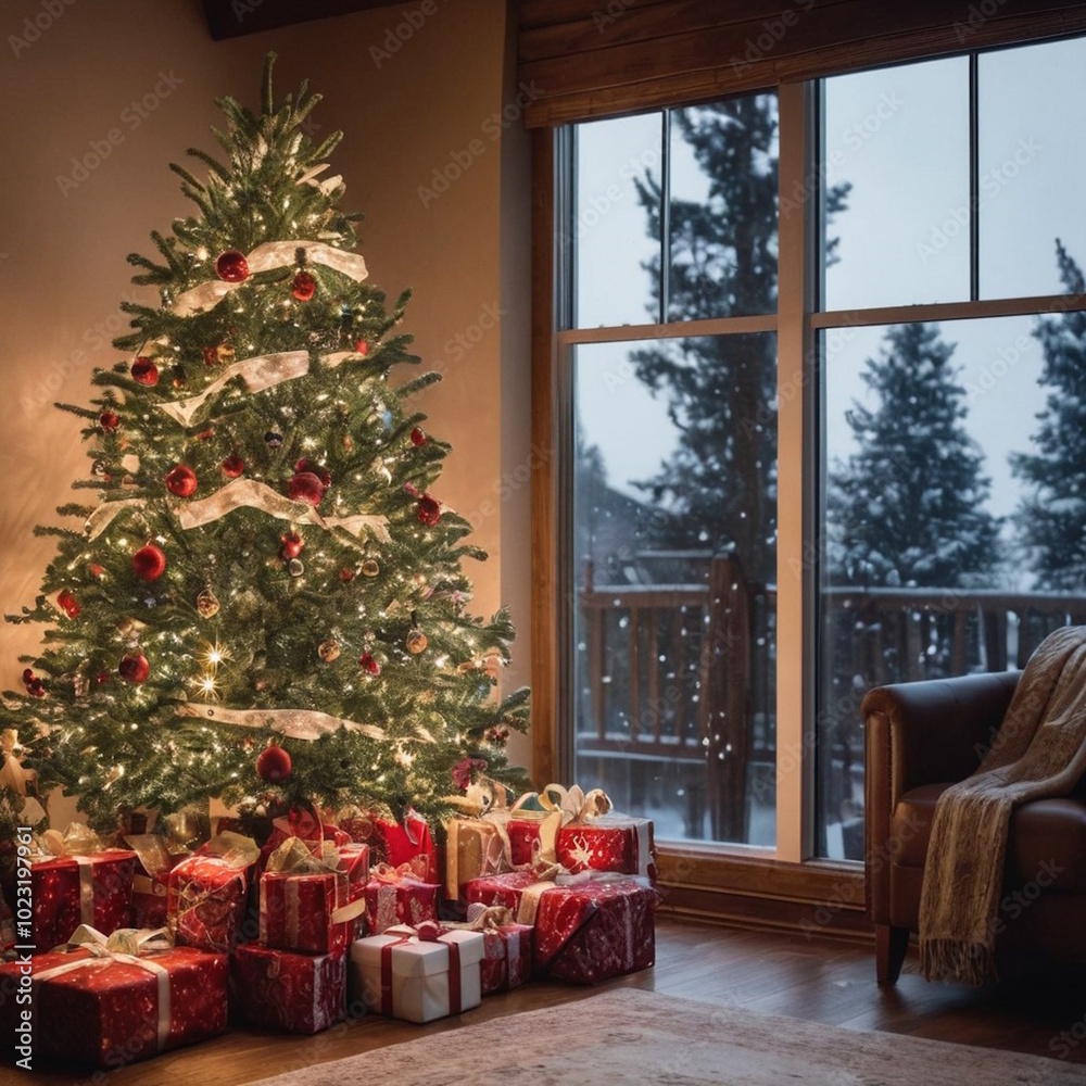 A close-up, high-resolution image of a beautifully decorated Christmas tree in a cozy home setting. The tree is adorned with traditional ornaments, twinkling lights, and a shimmering star on top A close-up, high-resolution image of a beautifully decorated Christmas tree in a cozy home setting. The tree is adorned with traditional ornaments, twinkling lights, and a shimmering star on top
