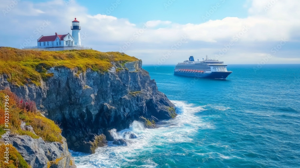 Lighthouse on a Rocky Cliff with a Cruise Ship in the Ocean Lighthouse on a Rocky Cliff with a Cruise Ship in the Ocean