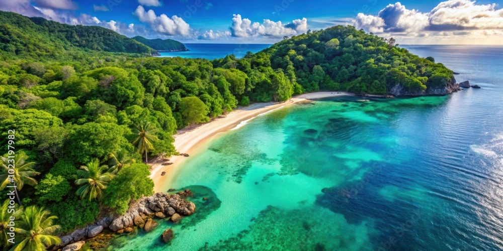 Obraz premium Aerial view of a stunning tropical beach with crystal clear waters and lush greenery
