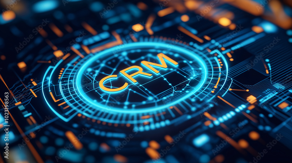 AI interface featuring central CRM logo on circuit board background, symbolizing artificial intelligence, data analysis, digitization, integration, automation, optimization, cybersecurity, holography AI interface featuring central CRM logo on circuit board background, symbolizing artificial intelligence, data analysis, digitization, integration, automation, optimization, cybersecurity, holography