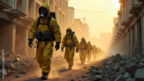 A line of hazmat workers in bright yellow protective suits and gas masks walk through a debris-filled urban street at sunset. The image depicts a post-disaster scenario with damaged buildings and rubb