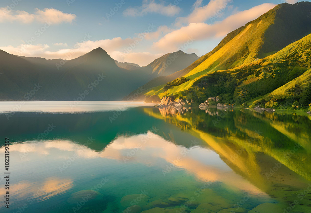 Fototapeta premium lake, mountain, landscape, water, nature, mountains, reflection, sky, clouds, travel, scenery, snow, river, mirror, scenic, forest, wilderness, cloud, summer, beauty, outdoors, panorama, view, blue, 