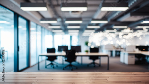 Blurred image of modern office interior with bokeh lights.