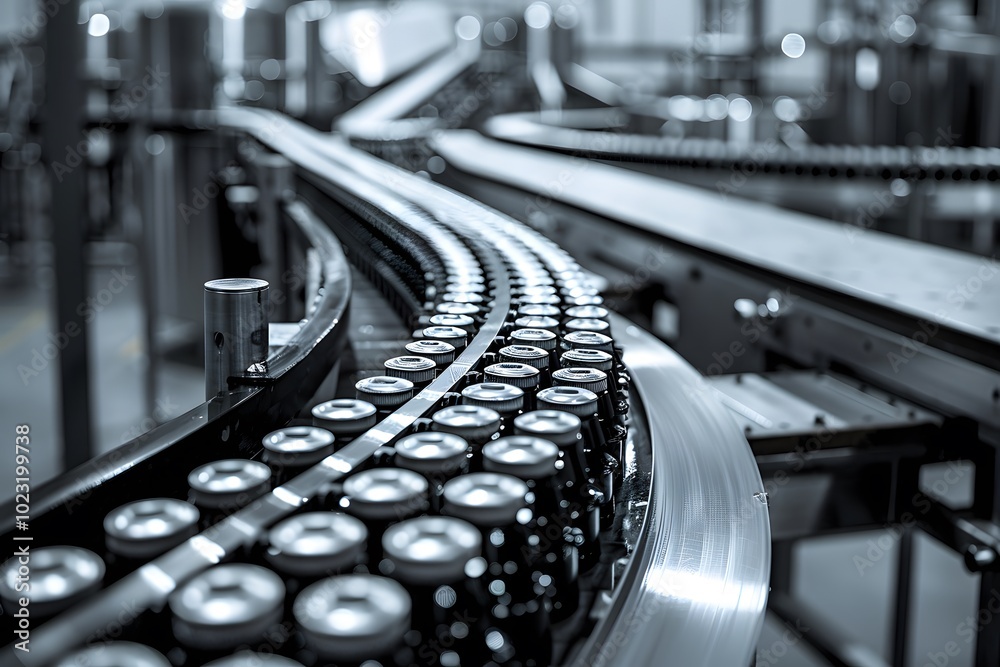 Fototapeta premium Modern Beverage Production Line with Cans on Conveyor Belt