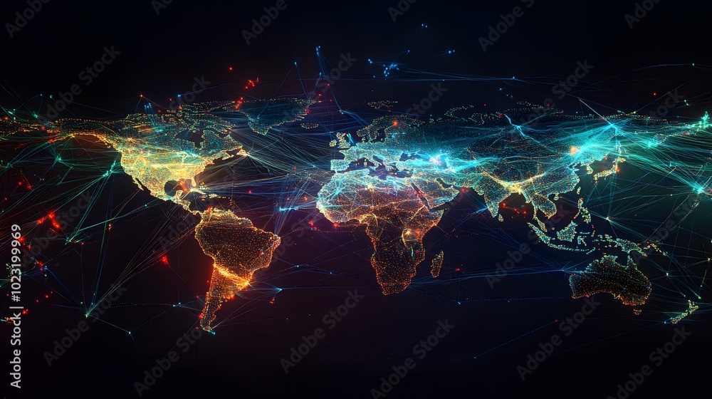 Obraz premium World stock markets represented by a map with connecting lines between cities