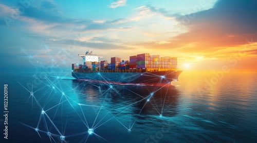 Container ship at sea with digital network links, digital trade network connection concept, global shipping industry photo