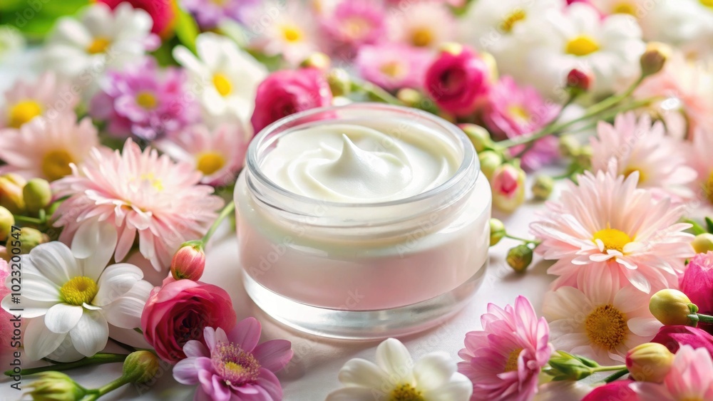Face cream moisturizer with flowers background, perfect for spa and organic beauty cosmetics, skincare, bodycare Face cream moisturizer with flowers background, perfect for spa and organic beauty cosmetics, skincare, bodycare