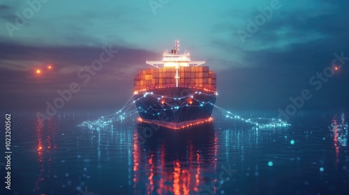 Container ship at sea with digital network links, digital trade network connection concept, global shipping industry photo