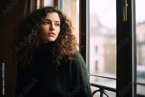 Curly-Haired Woman in Black Sweater by Window illustration.