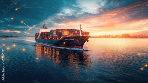Container ship at sea with digital network links, digital trade network connection concept, global shipping industry