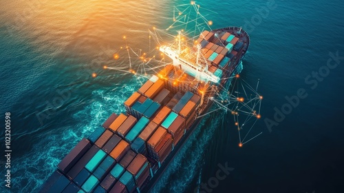 Container ship at sea with digital network links, digital trade network connection concept, global shipping industry photo