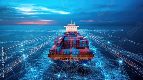 Container ship at sea with digital network links, digital trade network connection concept, global shipping industry photo