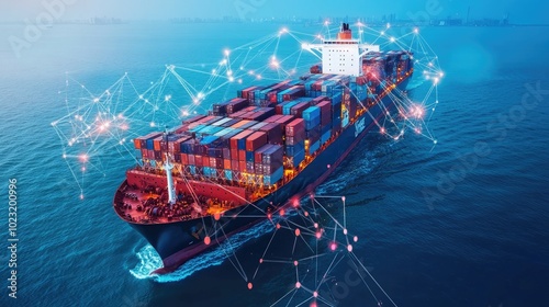 Container ship at sea with digital network links, digital trade network connection concept, global shipping industry photo