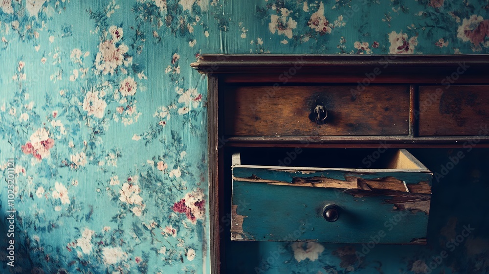 Antique Wooden Chest of Drawers with Intricate Floral Wallpaper Background Antique Wooden Chest of Drawers with Intricate Floral Wallpaper Background
