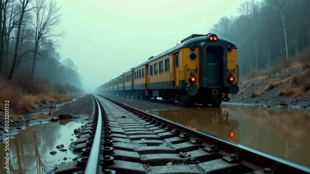 Flooded Train Tracks with Stranded Yellow Train Flooded Train Tracks with Stranded Yellow Train