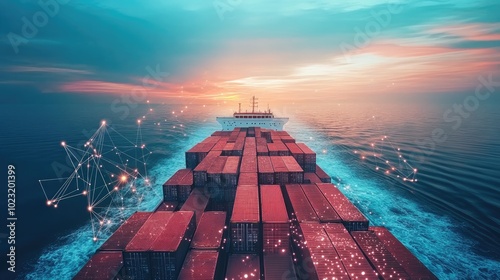 Container ship at sea with digital network links, digital trade network connection concept, global shipping industry photo