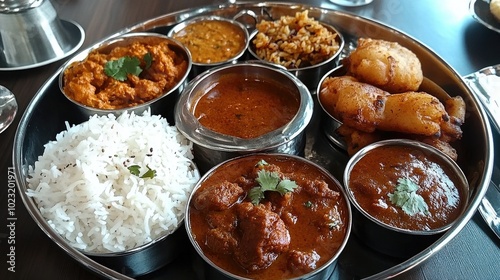 Spicy Meat Curries Thali with Rice and Accompaniments