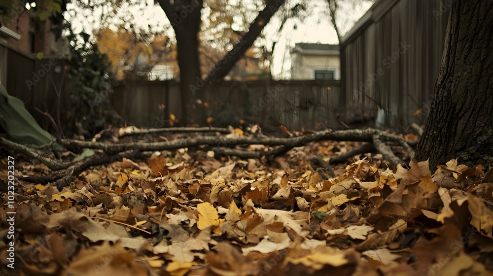 Fallen autumnal leaves covering a natural path in a tranquil garden landscape Fallen autumnal leaves covering a natural path in a tranquil garden landscape