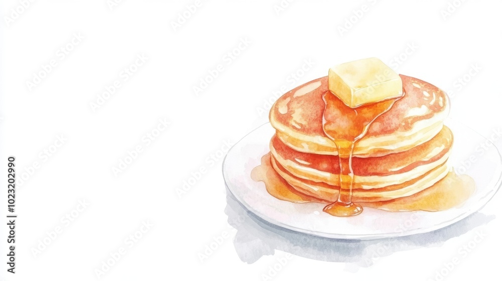 A stack of fluffy holiday pancakes topped with melting butter and syrup, painted in watercolor style, isolated on white Cheerful and appetizing A stack of fluffy holiday pancakes topped with melting butter and syrup, painted in watercolor style, isolated on white Cheerful and appetizing